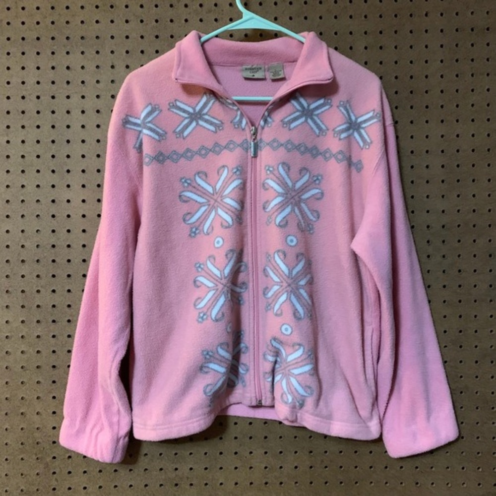 VTG Pink‎ Fleece Zip Up Jacket Snowflake Christmas Large Coquette Cottage Crop